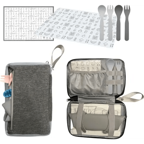 THEO'S Baby Led Weaning Supplies 12 Piece Clutch - Mealtime Essentials With 4 Disposable Splat Mats For Under High Chair, 3 Eco-Friendly Stick On Placemats, 2 Sets Ergonomic Plant Based Spoons & Forks