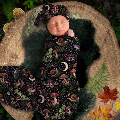 Goth Moth and Florals Swaddle Blanket, Goth Baby Swaddle, Witchy Luna Moths Blanket + Headband or Hat, Whimsical Woodland Baby