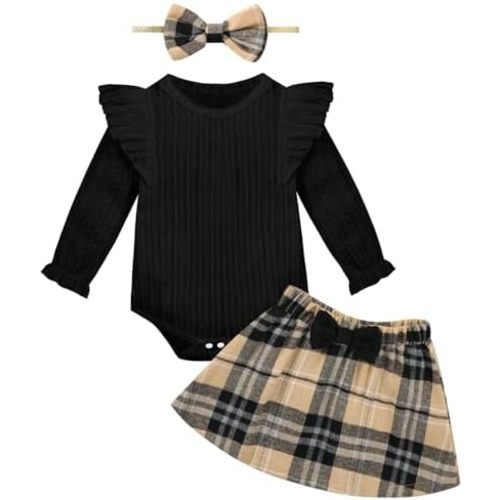 Weixinbuy Baby Girls Fall Outfits 3-Piece Set Long Sleeve Romper & Plaid Skirt Headband Soft Snap Closure 0-18M