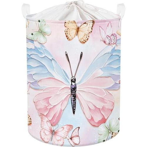 3D Pastel Butterfly Baby Laundry Hamper Collapsible Clothes Kids Storage Basket Large Girls Gift Toy Box Bin for Bedroom, Colorful, 63L