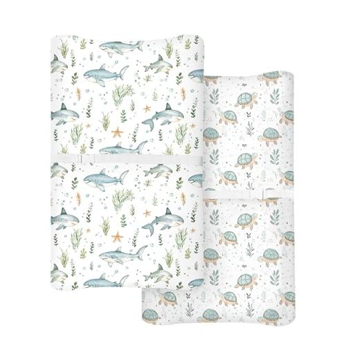 Changing Pad Cover for Baby Boys Girls 2 Pack, Fits Standard 32”×16” Changing Table Pads, Silky Breathable Stretch Knit, Machine Washable (Turtle & Shark)