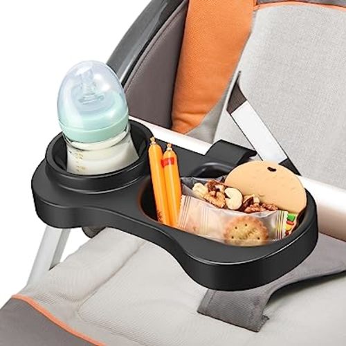 ZZM 2 in 1 Universal Stroller Snack Tray with Cup Holder, Snack Catcher and Drink Holder for Stroller Snack Tray Attachment - Upgraded Removable Clip for Bumper Bar of Stroller Tray for Baby