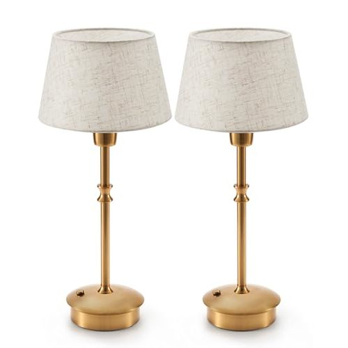 UMEXUS Small Cordless Lamp Rechargeable Table Lamps Set of 2, Dimmable Battery Operated Lights, Portable Accent Light for Side Table Restaurant Dining Outdoor, Beige Fabric Shade, Antique Brass