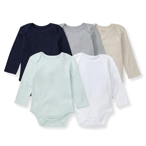 Burt's Bees Baby Unisex Bodysuits, Short Sleeve Organic Sleepwear, 5-Pack | Essential baby bodysuit pack featuring an easy-on and off lap-shoulder neck design for stress-free daily outfitting