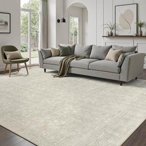 DCX Washable 8x10 Beige Rug, Stain Resistant Rubber Back Non Slip Rug