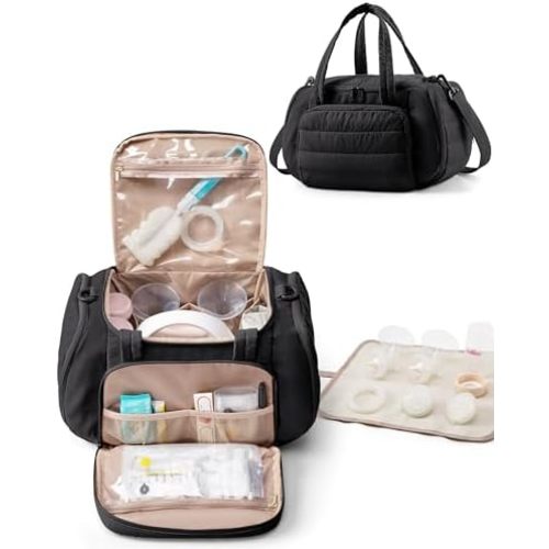 Quilted Breast Pump Bag Compatible with Spectra S1 and S2, Pumping Bag with Cooler Compartment and a Drying Mat, Black