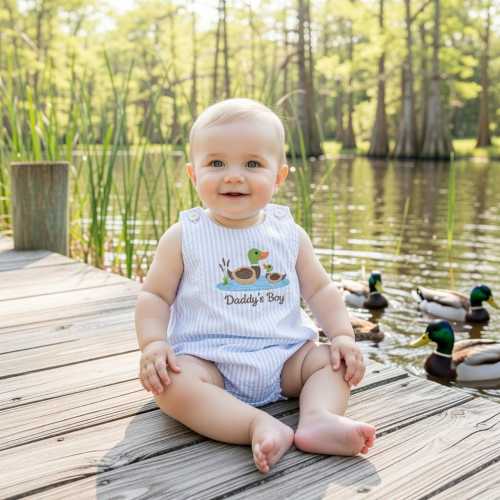 Daddy's Boy Seersucker Bubble Romper – Mallard Duck Embroidered Baby Outfit
