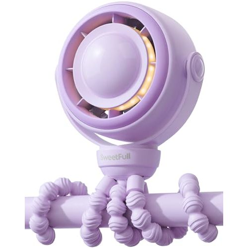 SWEETFULL Baby Stroller Fan - 4000mAh Rechargeable 4-Speed Quiet with LED Display & Night Light, Mini Portable 360° Clip On Safe Fan for Car Seat, Crib, Travel - Purple