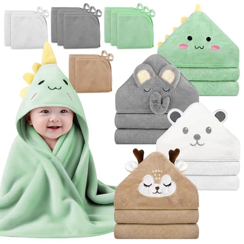 14 PCS Baby Towels Set, 4 PCS Soft Baby Hooded Towels & 10 PCS Washcloths, Baby Bath Towels for Newborns, Infants & Toddlers, Ultra Absorbent, Cute Baby Towel Gift for Boys