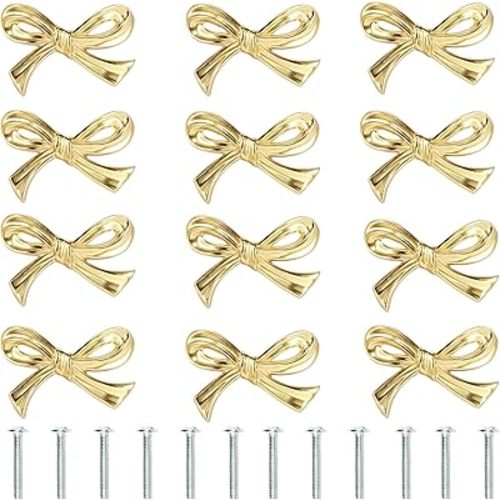 12Pcs Brass Bow Shape Cabinets Knobs, Gold Knob for Cabinets Drawer Pulls Decorative Bows Knobs Cupboard Pull Handles, Cabinet Hardware Dresser Wardrobe and Drawer Pulls