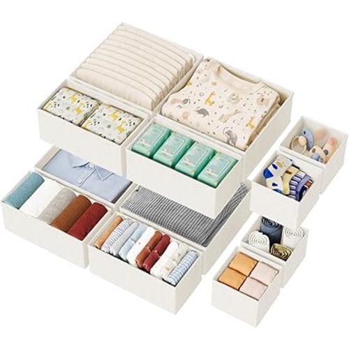 12 Pack Drawer Organizer for Baby Clothes, Nursery Organizer for Baby Diaper, Collapsible Deep Fabric Drawer Organizer with Zipper for Socks, Bra, Towels, Ties, White