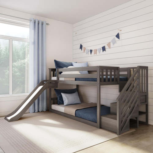 Twin Over Twin Low Bunk Bed With Slide & Stairs