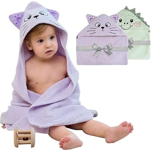Viviland 2 Pack Hooded Baby Towels, Soft 100% Cotton Baby Bath Towels with Hood, Extra Thick and Absorbent, Essential for Newborns, Kids, Infants - Girls and Boys (Dinosaur & Cat)