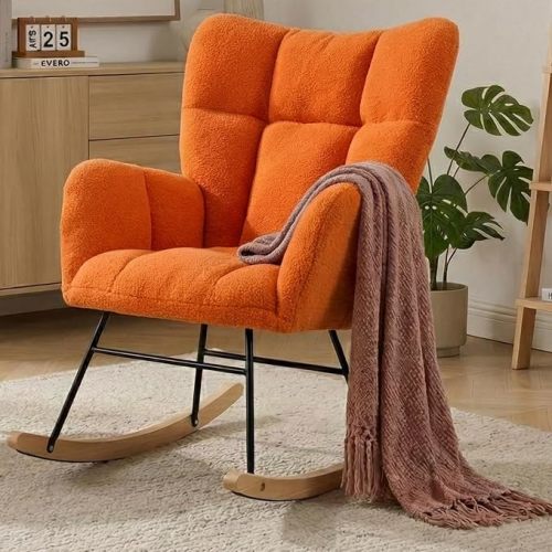 Nursery Rocking Chair, Teddy Upholstered Glider Chair with Thick Cushion, Tufted Gliding Rocker Chair with Wood Leg, Cozy Rocking Armchair, Accent Rocking Chair for Living Room (Orange)