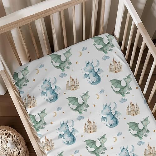 Watercolor Dragon Castle Pattern Baby Sheets for Crib, Unisex Dragon Moon Cloud Star Nursery Fitted Bed Sheet for Boys Girls Standard Crib and Toddler Mattress-28x52