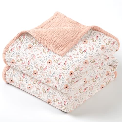 lulumoon Muslin Baby Blanket for Girls: Cotton Toddler Blanket for Crib - Soft Lightweight for Daycare & Nursery 47x47 Inches (Pink Flower)