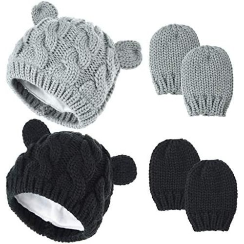 tiggell 2 Set Newborn Winter Beanie Hats Gloves Kit for Baby Infant Toddler