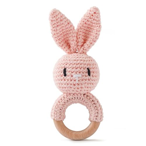 Moyii Natural Wooden Baby Rattle - Organic Crochet Bunny Teether Ring - Montessori Sensory Grasping Toy for Infants 0-12 Months, BPA-Free Handmade Newborn Shower Gift
