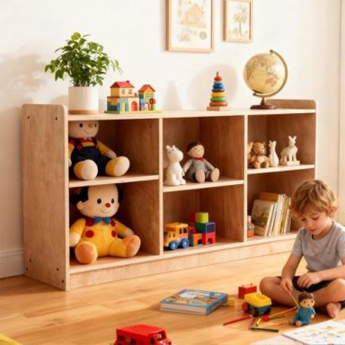 Montessori Wooden Storage Shelf, 5-Compartment Toy & Book Organizer with Adjustable Dividers, Natural Finish Kids' Bookcase for Playrooms