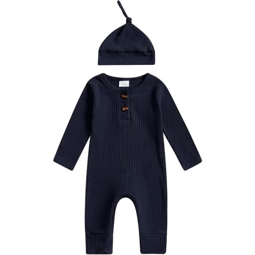Newborn Baby Boy Girl Clothes Infant Ribbed Romper Solid Long Sleeve Knit Bodysuit Jumpsuit Hat Coming Home Outfit