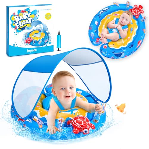 JOYCAT Baby Pool Float with Canopy UPF50+ Sun Protection,Baby Floaties for 6-24 Months,Infant Inflatable Swim Floats with Turtle Sensory Toy and Adjustable Safety Seat,Floaty for Toddlers 1-2 year old
