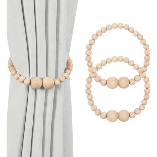 Magnetic Curtain Tiebacks, 2 Pack Wood Bead Curtain Holdbacks
