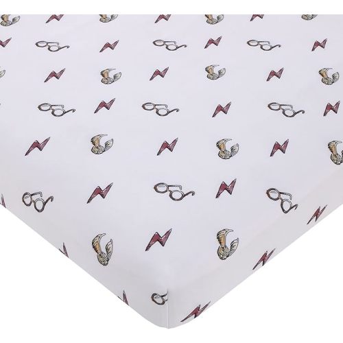 Warner Brothers Harry Potter White, Red, and Gold Lightning Bolt, Golden Snitch and Glasses Nursery Fitted Mini Crib Sheet