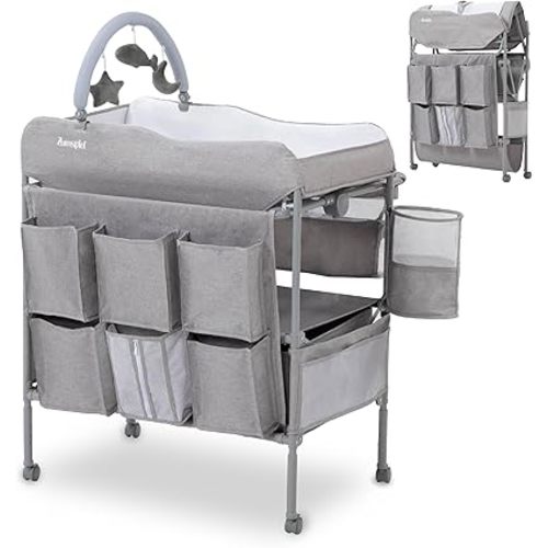 Baby Changing Table, Versatile Portable Folding Changing Table, Waterproof Diaper Changing Station with Waste Basket, Adjustable Height with 2 Drawers, Baby Changing Station for Infant and Newborn