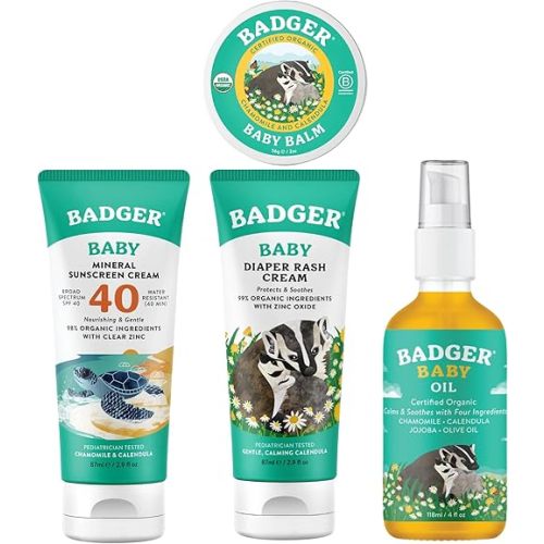 Badger Mineral Baby Sunsceen SPF 40, Diaper Rash Cream, Balm, Oil