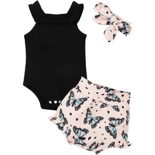 Newborn Infant Baby Girl Summer Clothes Outfits Set Floral Print Romper Tops Drawstring Short Headband Clothes Set
