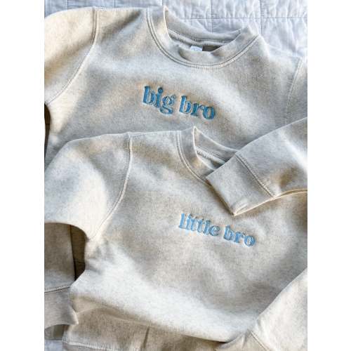 Big Bro / Little Bro – Embroidered Kids Sweater | Natural with Blue Thread