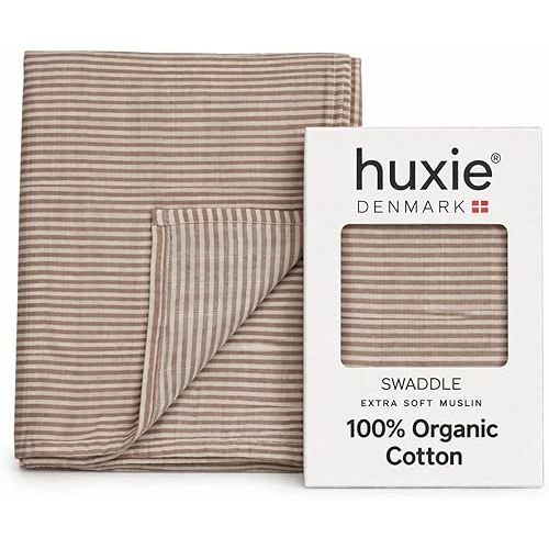 Huxie Swaddle - 100% Organic Cotton - Muslin Swaddle Blankets for Newborn, 47" x 47" (Natural Stripe)