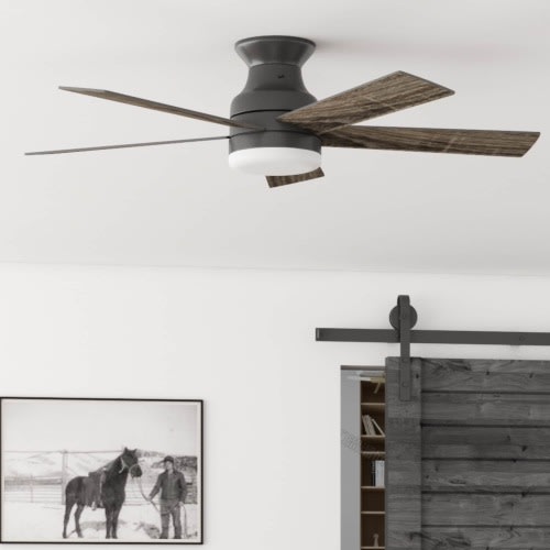 Harbor Breeze Crestwell 52-in Color-Changing Integrated LED Flush Mount Matte Black with Mocha/Cocoa Blades Ceiling Fan With Light - Remote Included ( 5 -Blade )