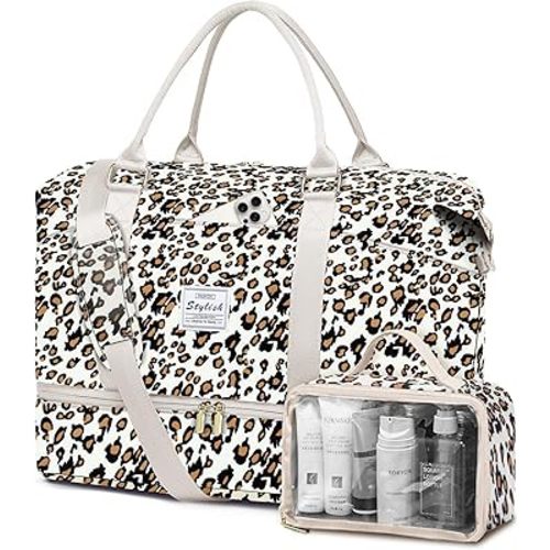 Travel Overnight Bag Weekender Bags: Large Duffle Bag Women with Shoe Compartment Carry on Overnight Bags with Toiletry Bag Gym Duffel Bag with Wet Pocket Hospital Bags for Labor and Delivery Leopard
