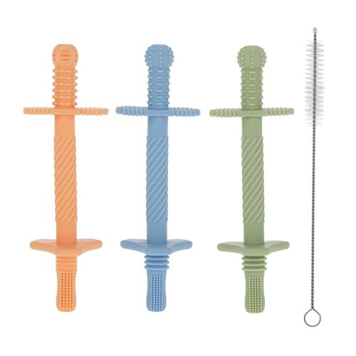 Nuby Sensory Silicone Tube Teethers - (3 Pack) Textured Infant and Baby Teether Toys - 3+ Months - Orange, Blue, and Green