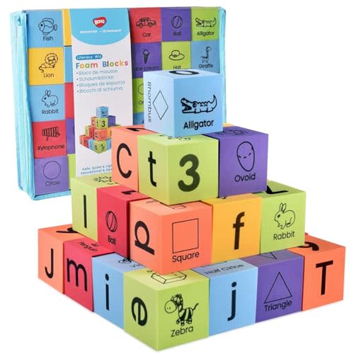 BOHS Foam Blocks for Kids, 30-Piece ABC with Uppercase, Lowercase, Shapes | Numbers, words & pictures; Quiet & lightweight; Floats in water,clings to wet tile;6-sided printing;Stacking for motor skills