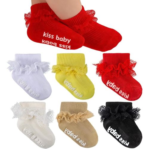 Baby Girl Ruffle Socks with Grips Turn Cuff Ankle Lace Frilly Dress Socks for Newborn/Infant/Toddler/Little Kids