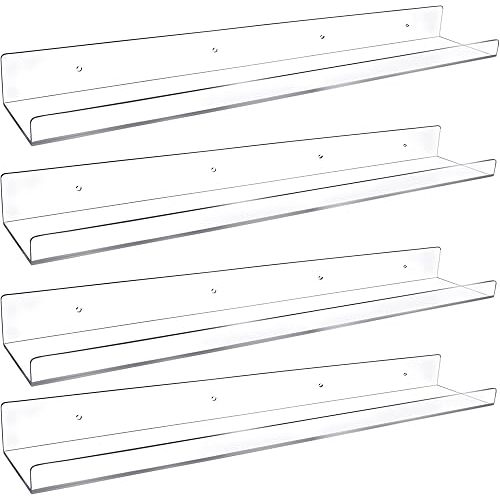 4 Pack 24-Inch Long Clear Acrylic Floating Shelves U Shape Wall Shelf for Book Display Makeup Product Spice Organizer