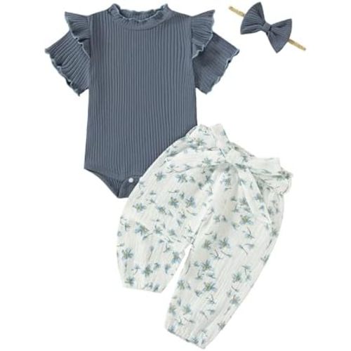 Newborn Baby Girl Clothes Infant Summer Outfits 3Pcs Short Sleeve Ruffle Romper Daisy Print Pants Set Headband