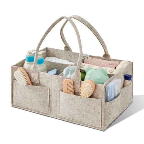 Upgraded Baby Diaper Caddy Organizer, Portable Nursery Storage Bin with Handle, Side Pockets Car Organizer for Diapers and Baby Wipes Essentials, Registry Gift Baskets (1Pcs-Large-Oatmeal)