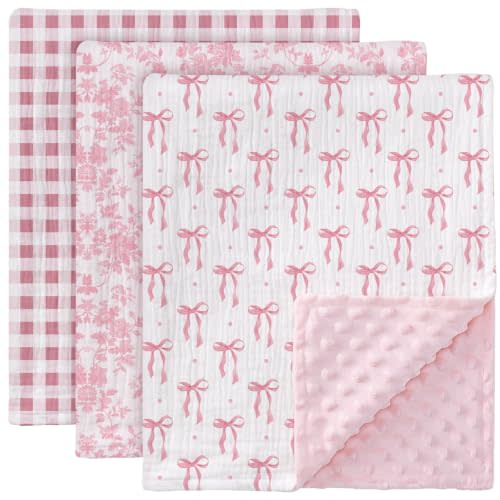 3 Pack Baby Blankets for Unisex Girls, Muslin Cotton Front Soft and Breathable, Dotted Fleece Backing, Pink Bow Gingham Floral Printed Nursery Minky Blankets for Newborn Toddler, 30" x 40"