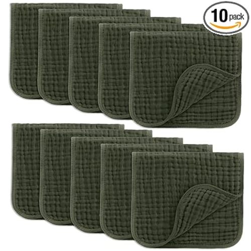 Comfy Cubs Muslin Burp Cloths 20x10" 10 Pack, Baby Burp Cloths - Kelp