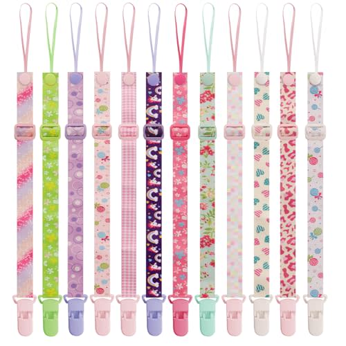 12 Pack Pacifier Clips with Adjustable Strap (32-46.5cm) - Premium Polyester Baby Pacifier Holder Set, Multi-Design Clips for Boys Girls (Multi Color A)