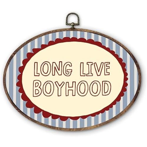 DILSJ Vintage Boy Nursery Oval Wall Art Decor, Boys Room Canvas Wall Art Framed, Long Live Boyhood Blue Striped Hanging Decorations for Kids Toddler Boy Nursery Room Bedroom Playroom, 8.5x11 Inch