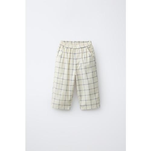 COTTON LINEN BLEND PLAID BAGGY PANTS - Ecru | ZARA United States