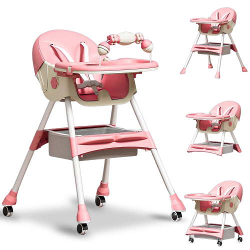 MINGYI 4-in-1 Baby HighChair for Infants & Toddlers (0-4 Years) - Adjustable, with Wheels,5-point safety belt, Pink
