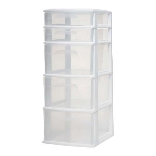 Homz Plastic 5 Drawer Medium Home Storage Cart, White Frame with Clear Drawer