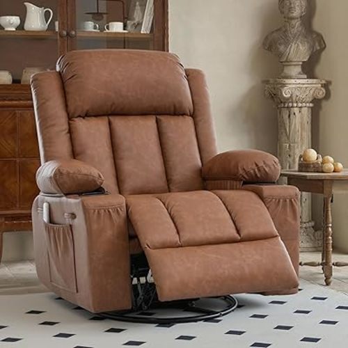Rocker Recliner Chair with Heat and Massage,360°Swivel Nursery Recliner Chair for Adults,Oversized Recliner Single Sofa Seat with 2 Cup Holders and Side Pocket (Brown)