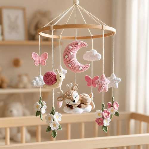 Crochet Deer Baby Mobile, Sleeping Fawn Crib Mobile, Floral Moon Nursery Decor, Baby Girl Mobile, Baby Shower Gift