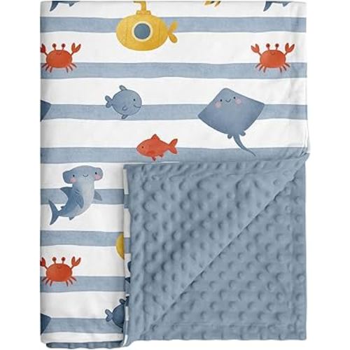Baby Minky Blanket for Boys Girl, Super Soft Newborn Nursery Blanket with Double Layer Dotted Backing, 30x40 Cozy Printed Bed Throw Blanket, Undersea World